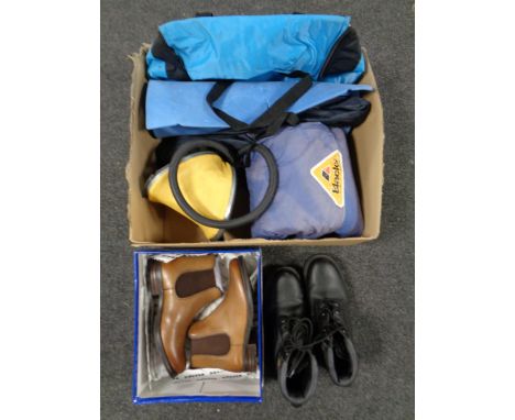 A box of sleeping bag, mats, folding tripod seat, cool bag, together with a boxed pair of Adesso Chelsea leather boots size 7