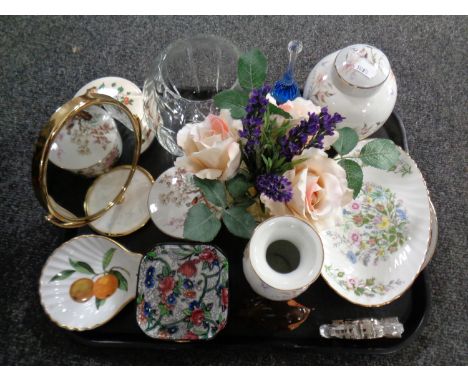 A tray of assorted ceramics and glass ware to include Aynsley and Royal Worcester dishes, Russian figure of a robin, ginger j