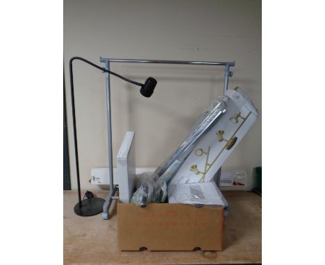 A box of steam mop, slide and photo scanner, ceiling light track, clothes rail, angle poise floor lamp etc 