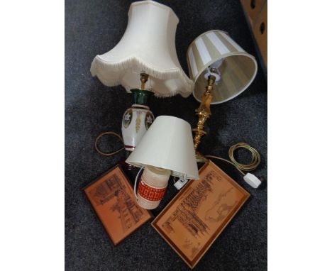 A box containing brass table lamp with shade together with two others, two framed pictures 