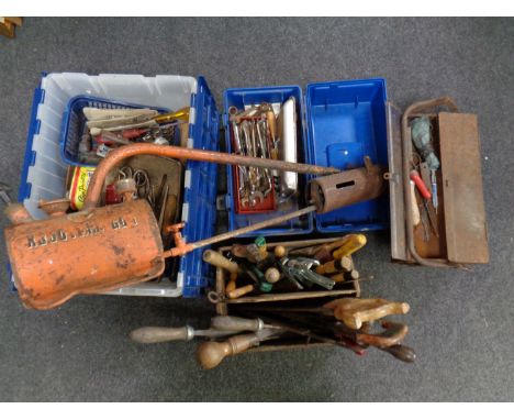 A crate, two tool boxes and a caddy containing a large quantity of assorted hand tools together with a petrol stubble burner 