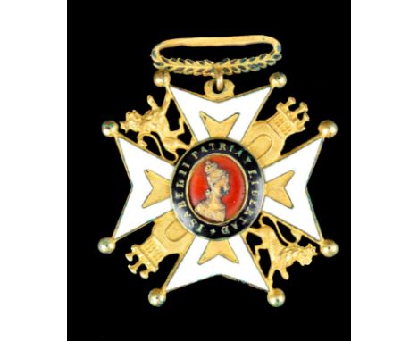 Spain: Cross for the Defence of Bilbao 1835, gilt and enamel, 39.6 mm, eight pointed cross with castles and lions between the