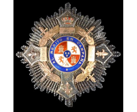 Spain: Military Order of Maria Cristina, 1st class breast star, silver and enamel with gilt wreath and crossed swords, 86 mm,