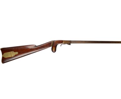 An under hammer percussion walking stick gun, barrel 28 in., steel action with wooden grip section, hammer with large circula