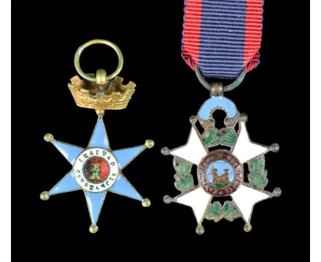Spain: Cross for the Milicia Nacional of Santa María, gilt and enamels, 21.8 mm, six pointed star, mural crown suspension, fo