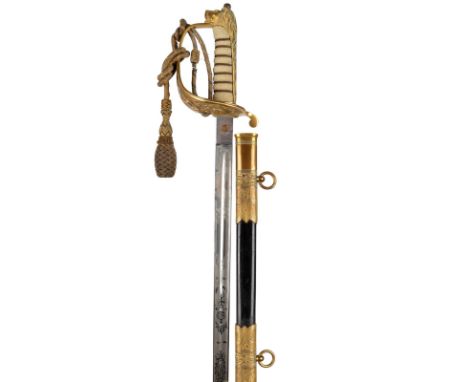 A George VI 1846 pattern Royal Naval flag officer's sword, light model, etched blade 31.5 in., gilt brass hilt with fouled an