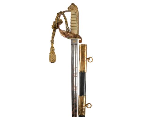 A British 1846 pattern Naval officer's sword, etched blade numbered M9453, regulation gilt-brass hilt with sword knot, regula