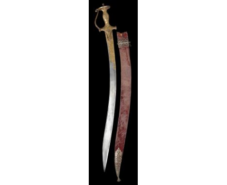 A fine Indian sword (sosun patta), 18th Century, forward curving blade 25 in., gold koftgari to the forte overlaying earlier 