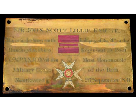 Sir John Scott Lillie, C.B., a brass stall plate, painted C.B. badge to the centre, inscribed: 'SIR JOHN SCOTT LILLIE KNIGHT,