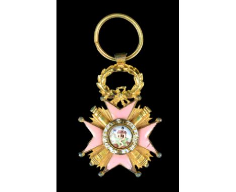 Spain: Cross for The Defence of the Sanctuary of Our Lady of Hort 1836, gilt and enamel, 23.4 mm, pink eight pointed cross wi