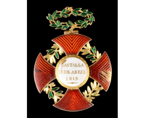 Spain: Cross for Castalla 1813, red enamelled cross formy, 35 mm, laurel leaves in the angles between the arms, circular whit