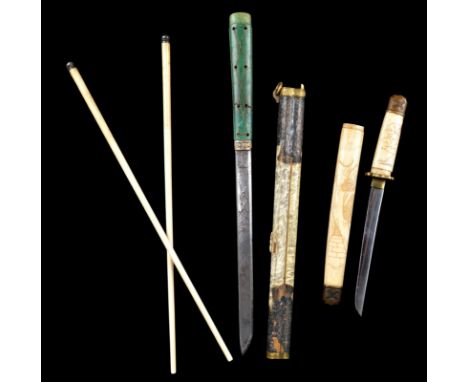 λ A Chinese chopstick and knife set, or trousse, green stone handled knife and bone chopsticks held together with a ivory ven