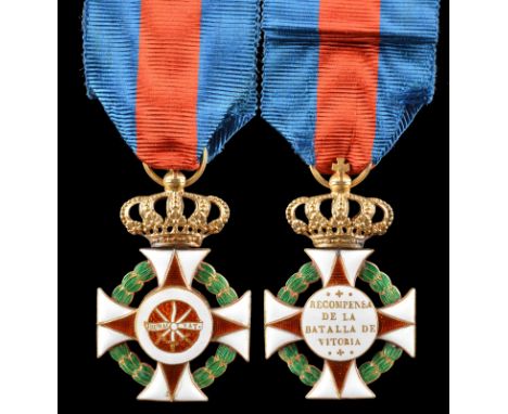 Spain: Cross for the Battle of Vitoria 1813, gold and enamel, 27 mm, red and white cross, circular centre with three crossed 