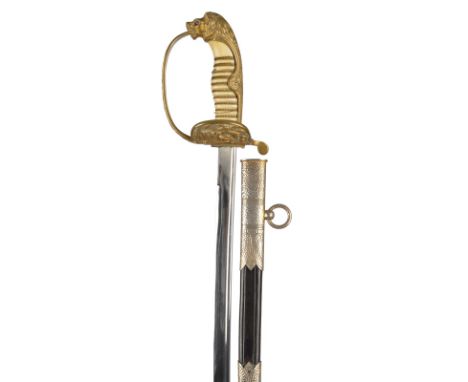 λ An Imperial German naval officer's dress sword, pipe-backed blade 30.5 in.; gilt-brass hilt with folding shell, embossed de