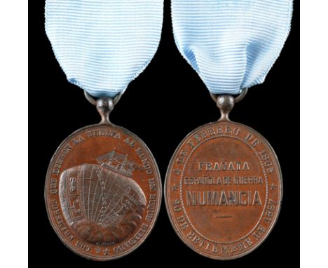 Spain: Medal for the Voyage of the Numancia, 1865-67, bronze oval, 30 mm, an armoured frigate traversing the Pacific Ocean, l