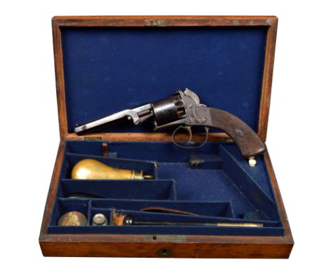 A cased English five-shot self-cocking percussion revolver, .38 calibre, Webley-Bentley type, hexagonal barrel 5 in., Birming