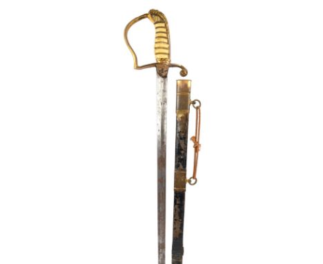 λ A British 1805 pattern Royal Naval officer's dress sword, blade 24.5 in., gilt brass stirrup hilt with lion head pommel, iv