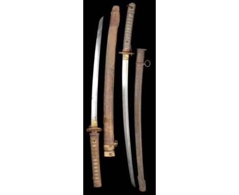 Two Japanese swords: the first an o-wakizashi, blade 20 in, hon-zukuri, gilt-copper habaki with slanting file marks, tsuriagi