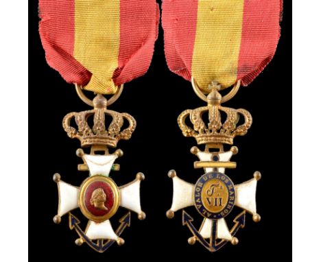 Spain: Navy Cross 1808, gilt and enamel, 24 mm, for merit while serving in the navy between 1808 and 1814, damage to enamel o