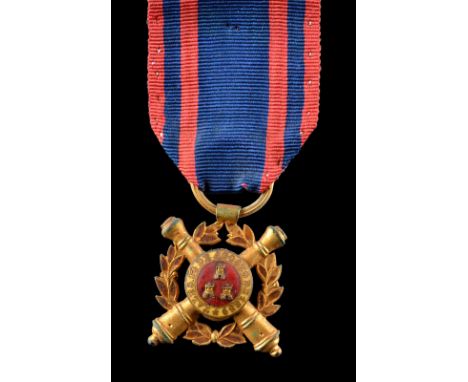 Spain: Cross for the Battle of Tales, 14th August 1839, gilt and enamels, 22.7 mm, cannon crossed over a wreath, three towers