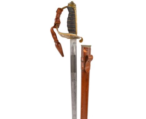 A Royal Army Medical Corps officer's sword, George V, etched blade 33 in., gilt brass hilt, brown leather sword knot, brown l