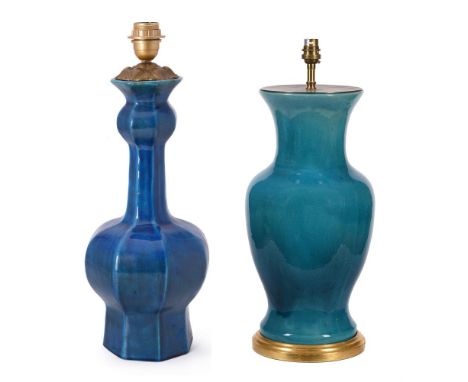 A turquoise ground Vaughan lamp, modern, 44m high including gilt base but excluding lamp fitting and a blue octagonal vase ad