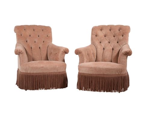 A pair of pink upholstered armchairs in late 19th century style, late 20th century, by Kingcombe Sofas Ltd, on walnut legs te
