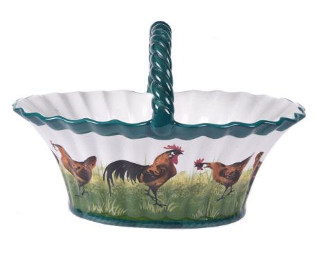 A Wemyss 'Brown Cockerel and Hens' egg basket, first quarter 20th century, painted with fowl, impressed WEMYSS WARE R.H. & S 