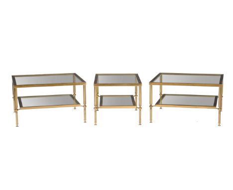 A suite of four gilt brass and glass topped tables, modern, comprising; one large centre table, 41cm high, 123cm wide, 93cm d