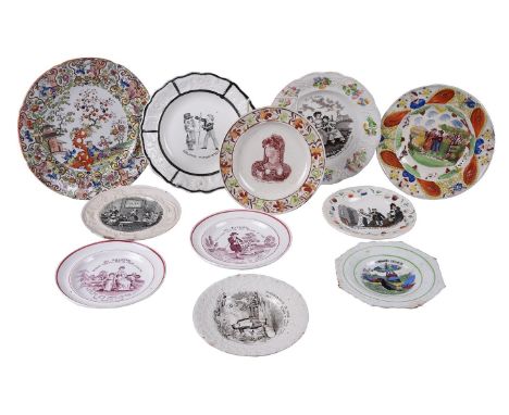Ten various Staffordshire pottery printed children's plates, various dates first half 19th century; and another pearlware pla
