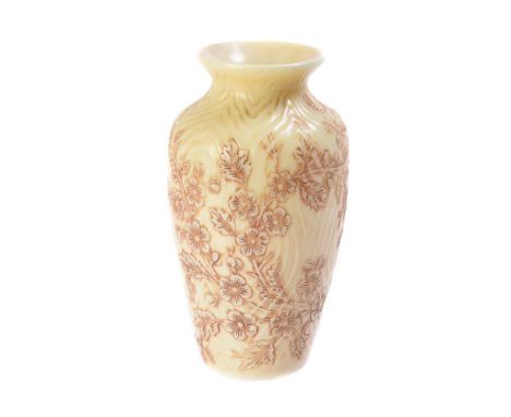 A Thomas Webb & Sons 'Ivory' glass shouldered ovoid vase, carved in relief with flowering shrubs and moths and reserved on a 