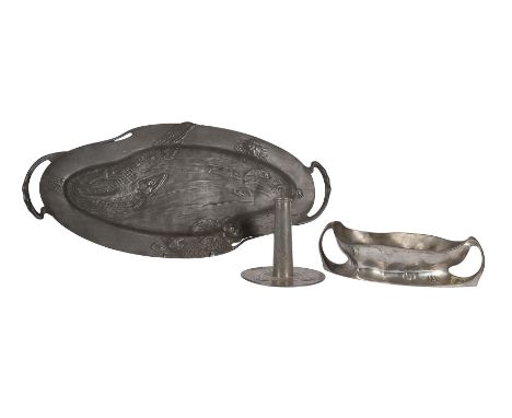 Three items of Art Nouveau metalware, comprising; W Haseler for Solkets, a pewter candlestick, in the manner of designs for L