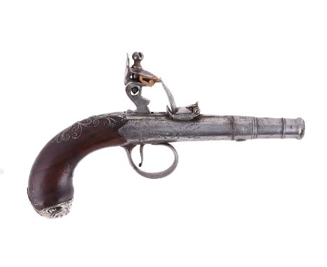 A flintlock 'cannon' barrelled pocket pistol by Brazier of London, circa 1770, walnut stock with wire filigree ornament and g