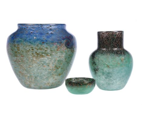 Three items of Monart glass, second quarter 20th century, comprising a large blue through green vase with aventurine inclusio