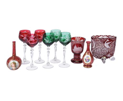 A selection of Bohemian and Czech coloured glass, various dates 19th and 20th centuries, comprising; two similar ruby flashed