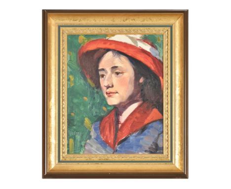 English School (20th century)Portrait of a lady wearing a red hat Oil on canvas laid to board 41 x 33cm (16 x 12 in.)Provenan