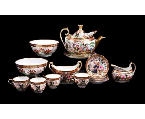 A Worcester (Barr, Flight, and Barr) Japan pattern part tea service, circa 1810, comprising a prow-fronted teapot, cover, and