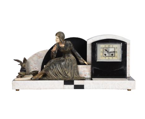 A French Art Deco alabaster and spelter mantel clock, circa 1930, with French eight day bell striking movement with outside c