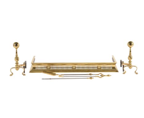 A group of various brass fire furniture, comprising; a pair of fire dogs, each with a ball finial, the billet bars indistinct