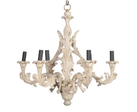 A distressed white painted six light chandelier, recently manufactured by Chelini, approximately 70cm high, 73cm diameter ove