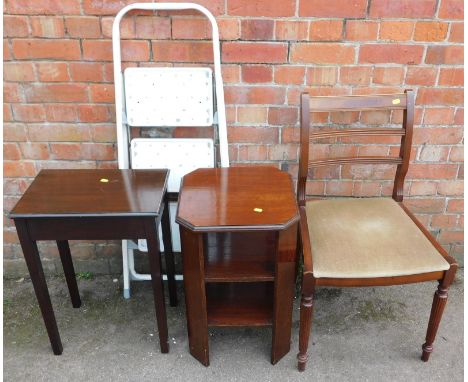 Assorted furniture, comprising a Regency style dining chair, step ladder, three drawer bookcase, and a side table. (4) 