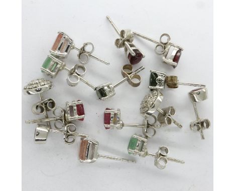 Seven pairs of silver stone set stud earrings. UK P&amp;P Group 0 (£6+VAT for the first lot and £1+VAT for subsequent lots) 