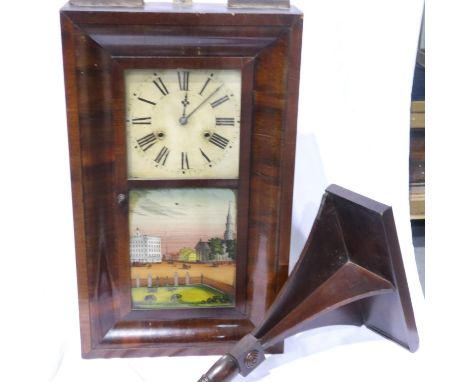 Mahogany cased wall clock by Chauncy Jerome, Connecticut, requires attention, H: 110 cm. Not available for in-house P&amp;P 