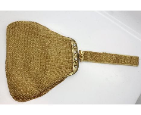 Gold coloured mesh evening bag, containing original mirror, 15 x 15 cm. UK P&amp;P Group 1 (£16+VAT for the first lot and £2+