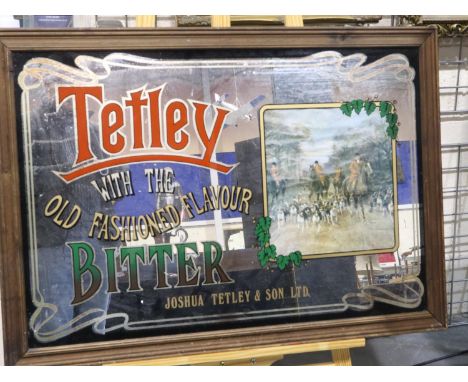 Large Tetley chain back pub advertising mirror with hunting scene, 90 x 63 cm. Not available for in-house P&amp;P 