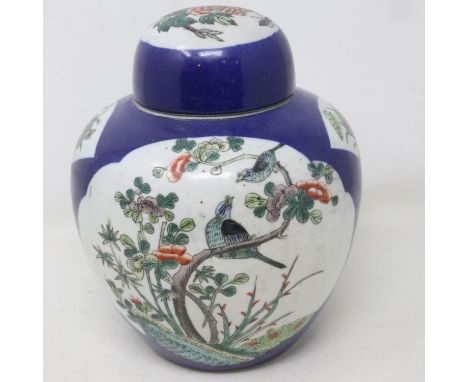 Hand painted and enamelled Oriental covered jar, pit marks to rim, H: 23 cm, pit marks to body as well as rim, scrapes to rim