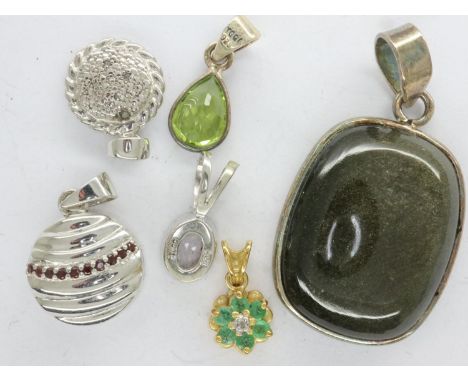 Six 925 silver pendants, including Gemporia and TGGC, largest H: 35 mm. UK P&amp;P Group 0 (£6+VAT for the first lot and £1+V