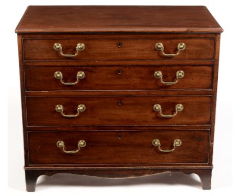 A George III chest of drawers , the moulded rectangular top above an arrangement of four long graduated drawers and shaped ap