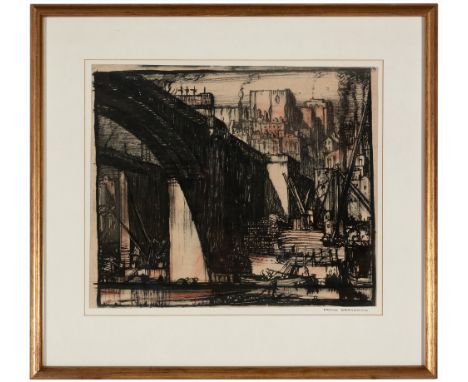 Sir Frank William Brangwyn RA, RWS, RBA (1867-1956) Newcastle, the construction of the Tyne Bridge, signed on the mount, lith