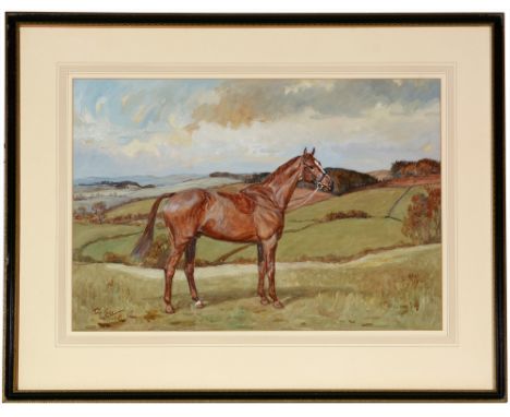 Thomas "Tom" Carr (1912-1977) Portrait of the Chestnut Hunter St. Conan standing on a hillside, signed, inscribed with horses